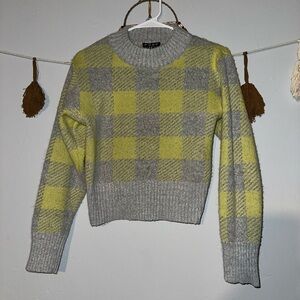 Gray and Yellow Cropped Checkered Sweater